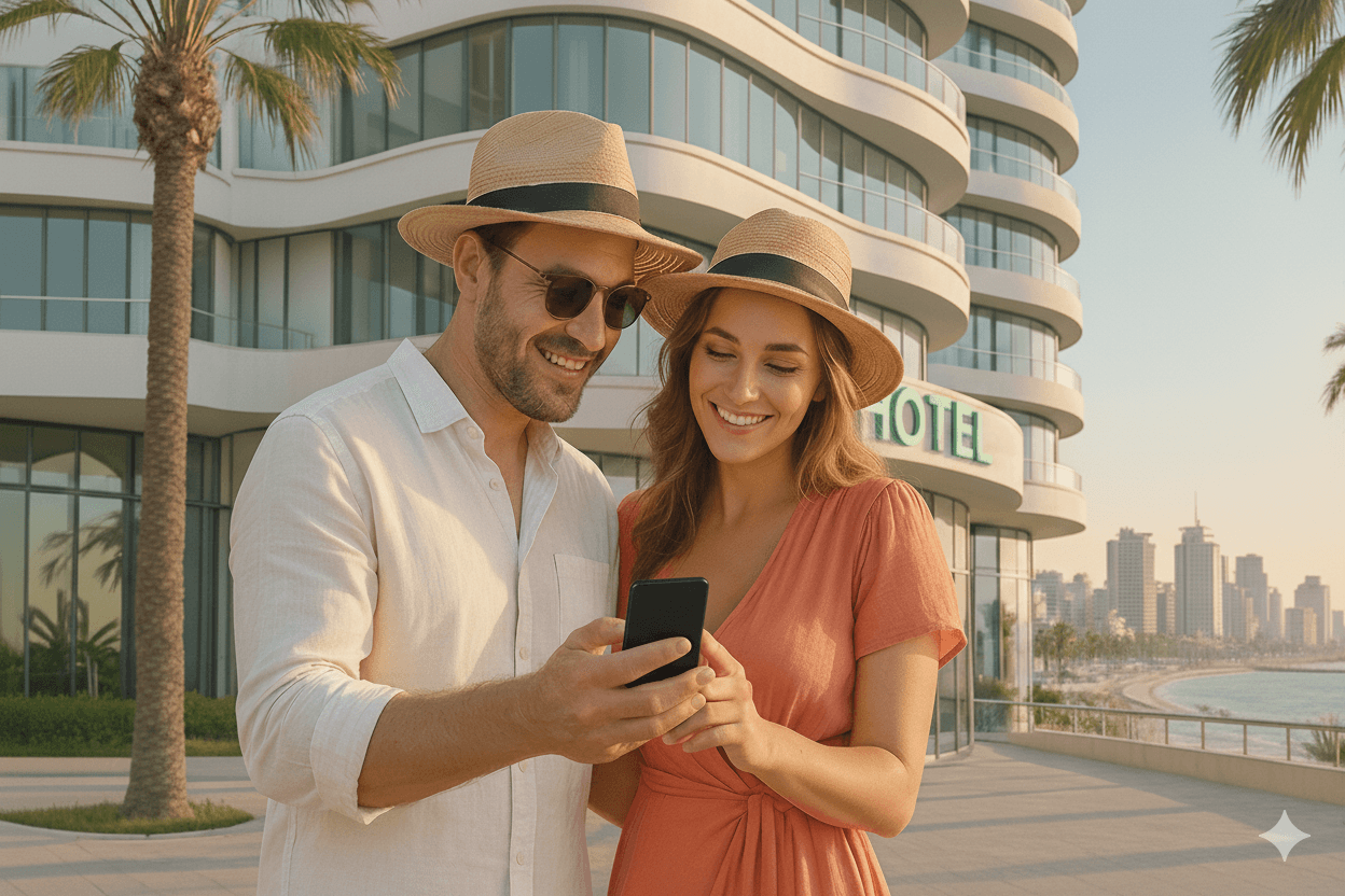 Hotel guests using VisitGuide.ai mobile platform in front of luxury hotel